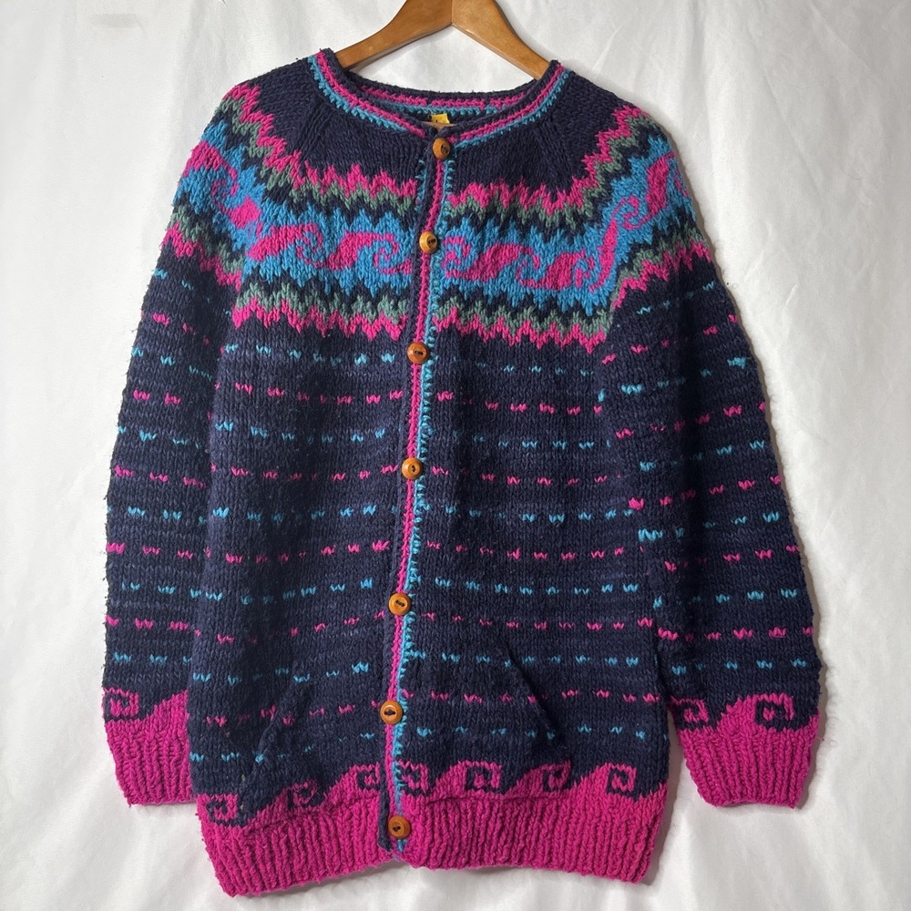 Vtg Handmade L Button Cardigan Sweater Colorful Fair Isle Nordic Blue Hot Pink